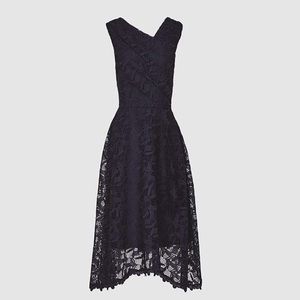 Reiss RAYNA Wrap Front Lace Midi Dress NAVY 0